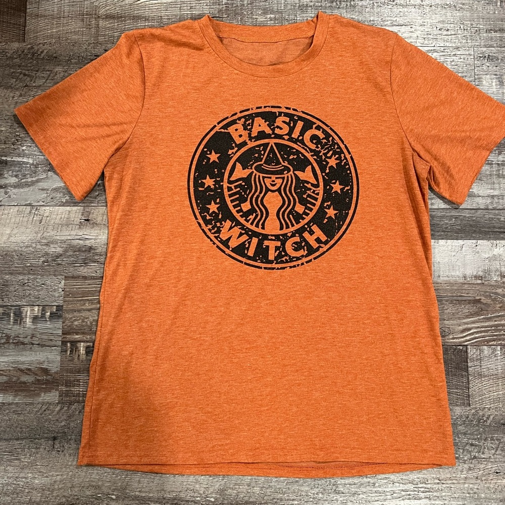Women’s Halloween Orange Graphic Tee with Witch Design